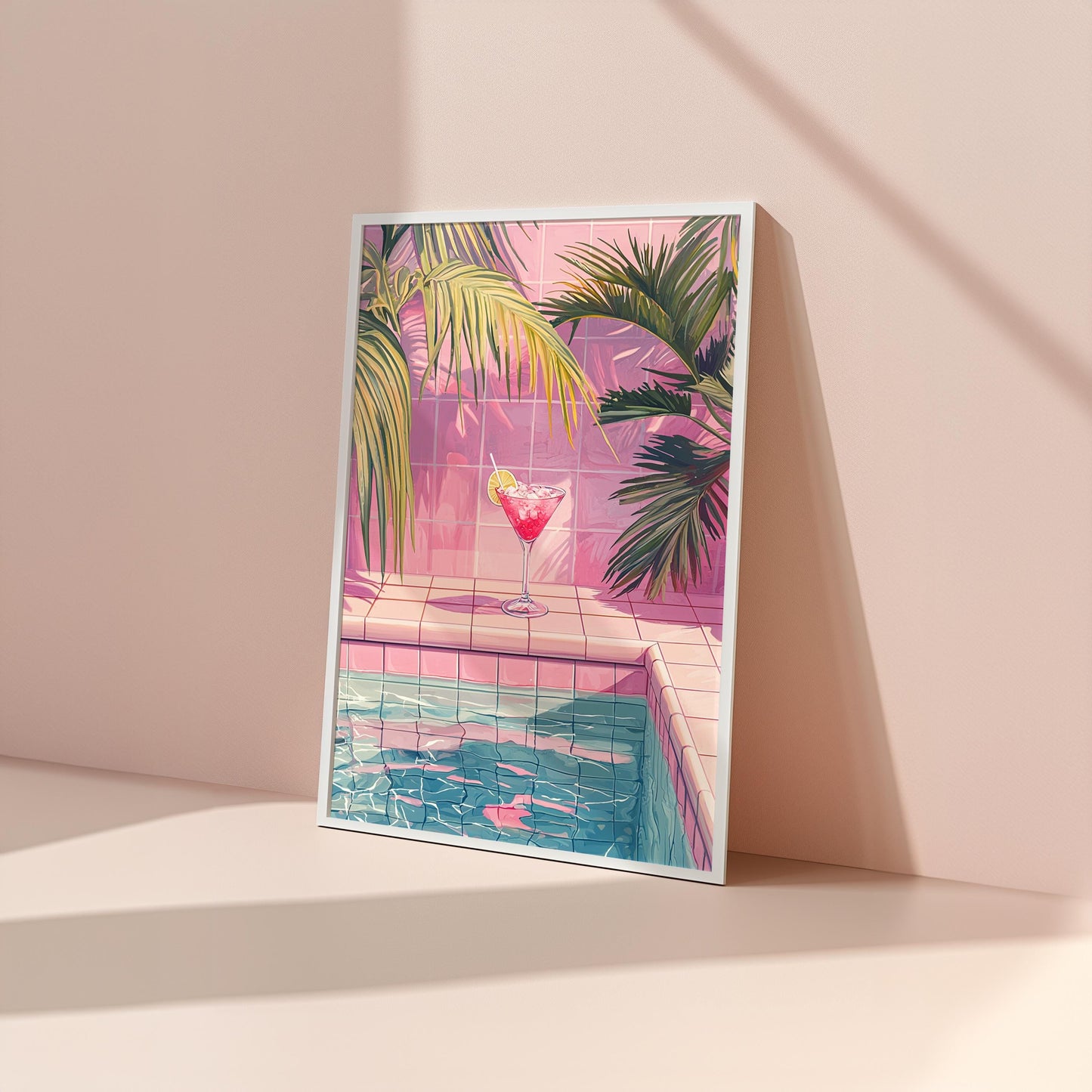 Margarita by the Poolside Art Print | Pink Tiles & Tropical Fauna | Hiroshi Nagai Inspired | Retro Minimalist Design | Semi-Gloss Finish