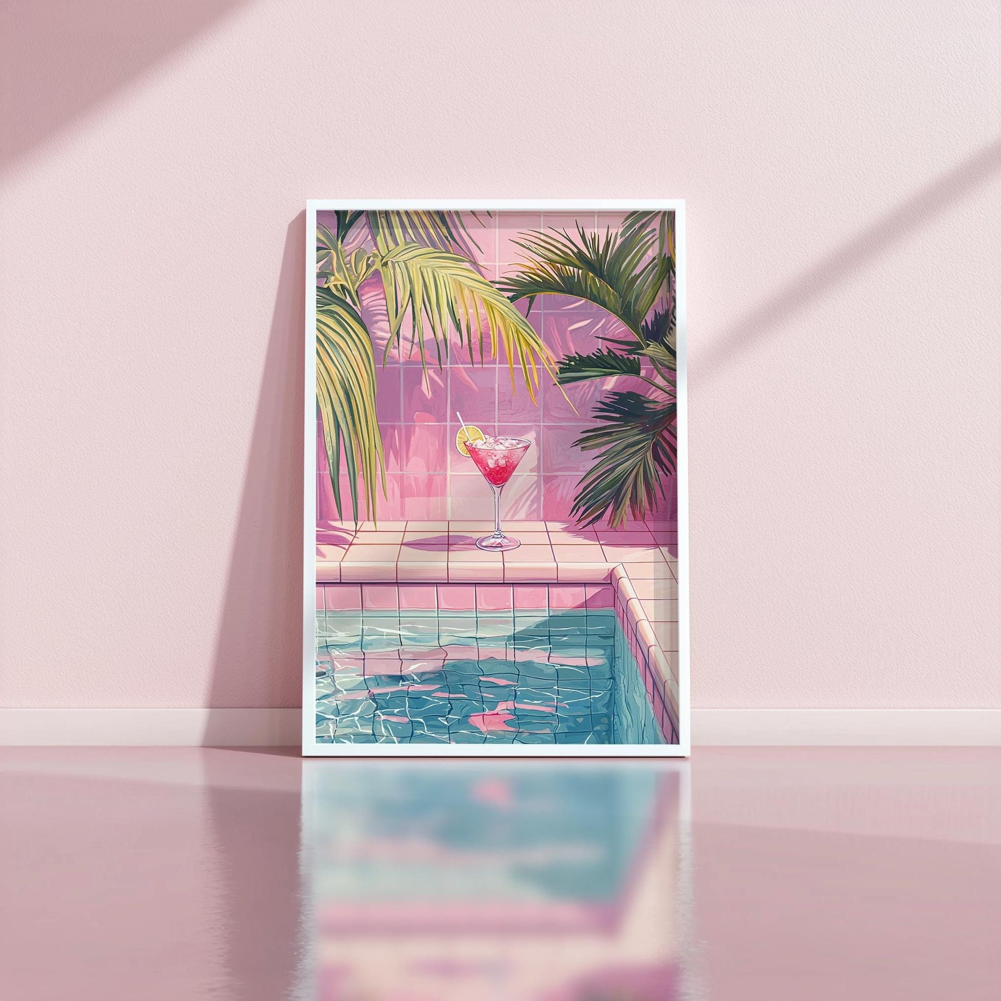 Margarita by the Poolside Art Print | Pink Tiles & Tropical Fauna | Hiroshi Nagai Inspired | Retro Minimalist Design | Semi-Gloss Finish