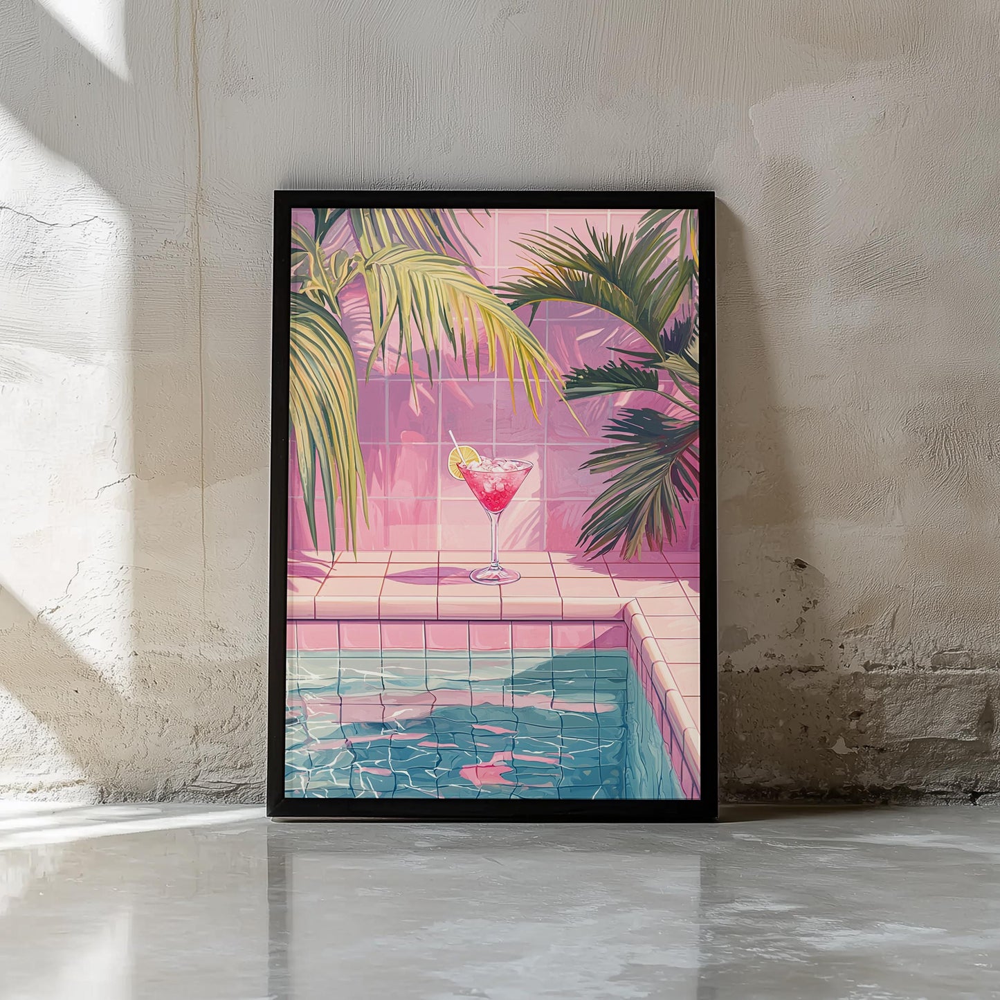 Margarita by the Poolside Art Print | Pink Tiles & Tropical Fauna | Hiroshi Nagai Inspired | Retro Minimalist Design | Semi-Gloss Finish