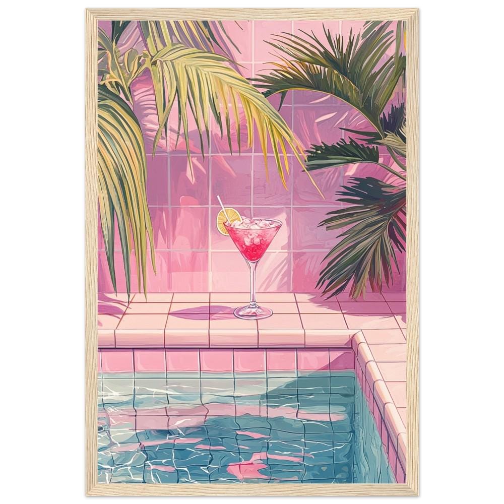 Margarita by the Poolside Art Print | Pink Tiles & Tropical Fauna | Hiroshi Nagai Inspired | Retro Minimalist Design | Semi-Gloss Finish