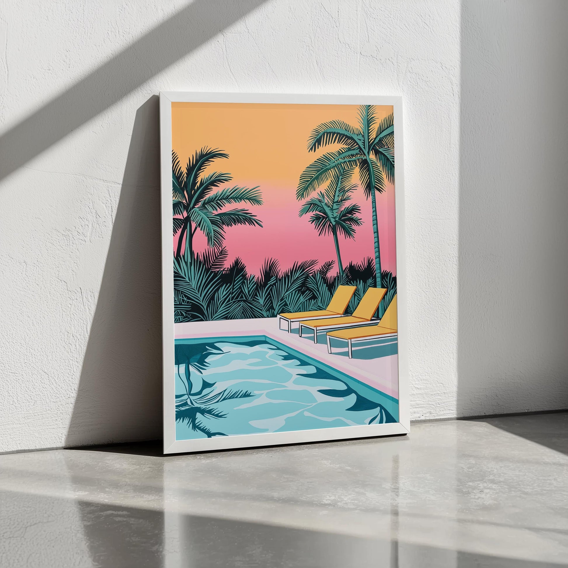 Hiroshi Nagai Inspired Set of 3 Tropical Pool Oasis Prints | Pastel Colors | Pink, Yellow, and Blue | Retro Minimalist Art | Semi-Gloss