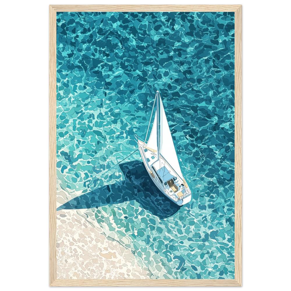 Sailboat Aerial View Print | Crystal Clear Water | Travel Art | Hiroshi Nagai Inspired | Minimalist Coastal Poster