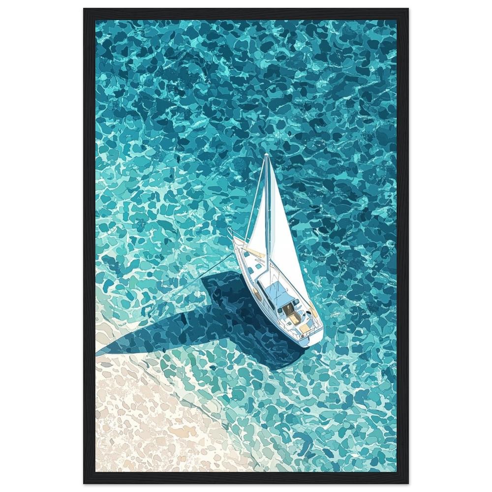 Sailboat Aerial View Print | Crystal Clear Water | Travel Art | Hiroshi Nagai Inspired | Minimalist Coastal Poster