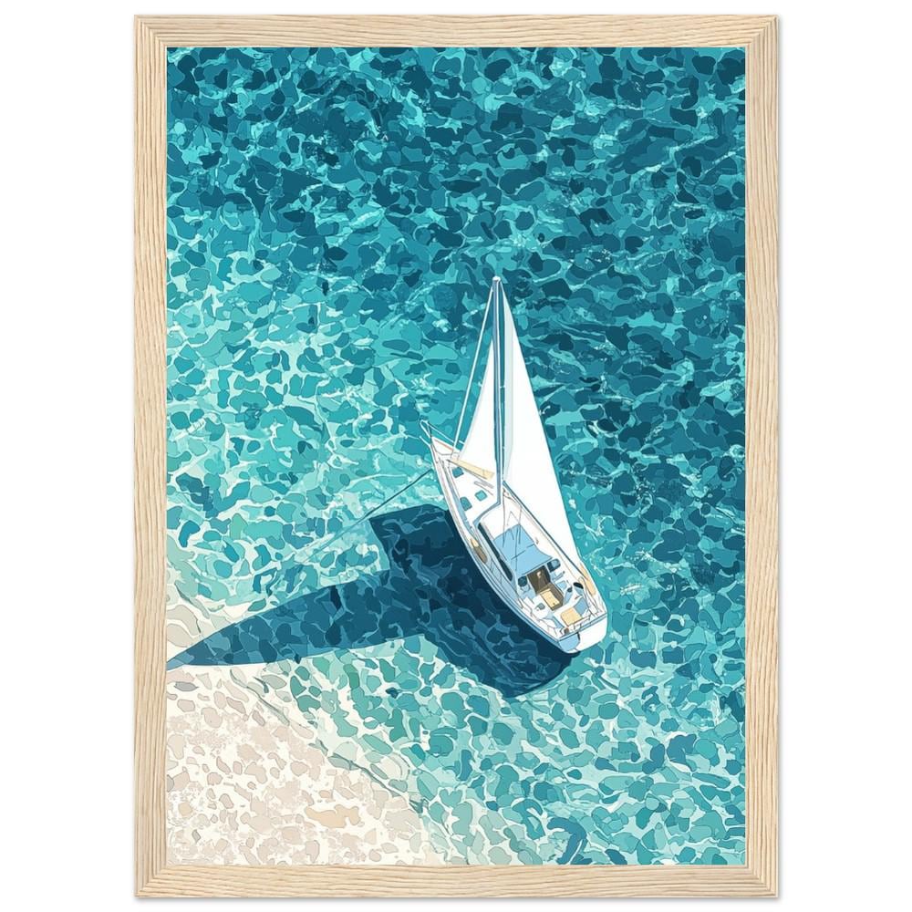 Sailboat Aerial View Print | Crystal Clear Water | Travel Art | Hiroshi Nagai Inspired | Minimalist Coastal Poster