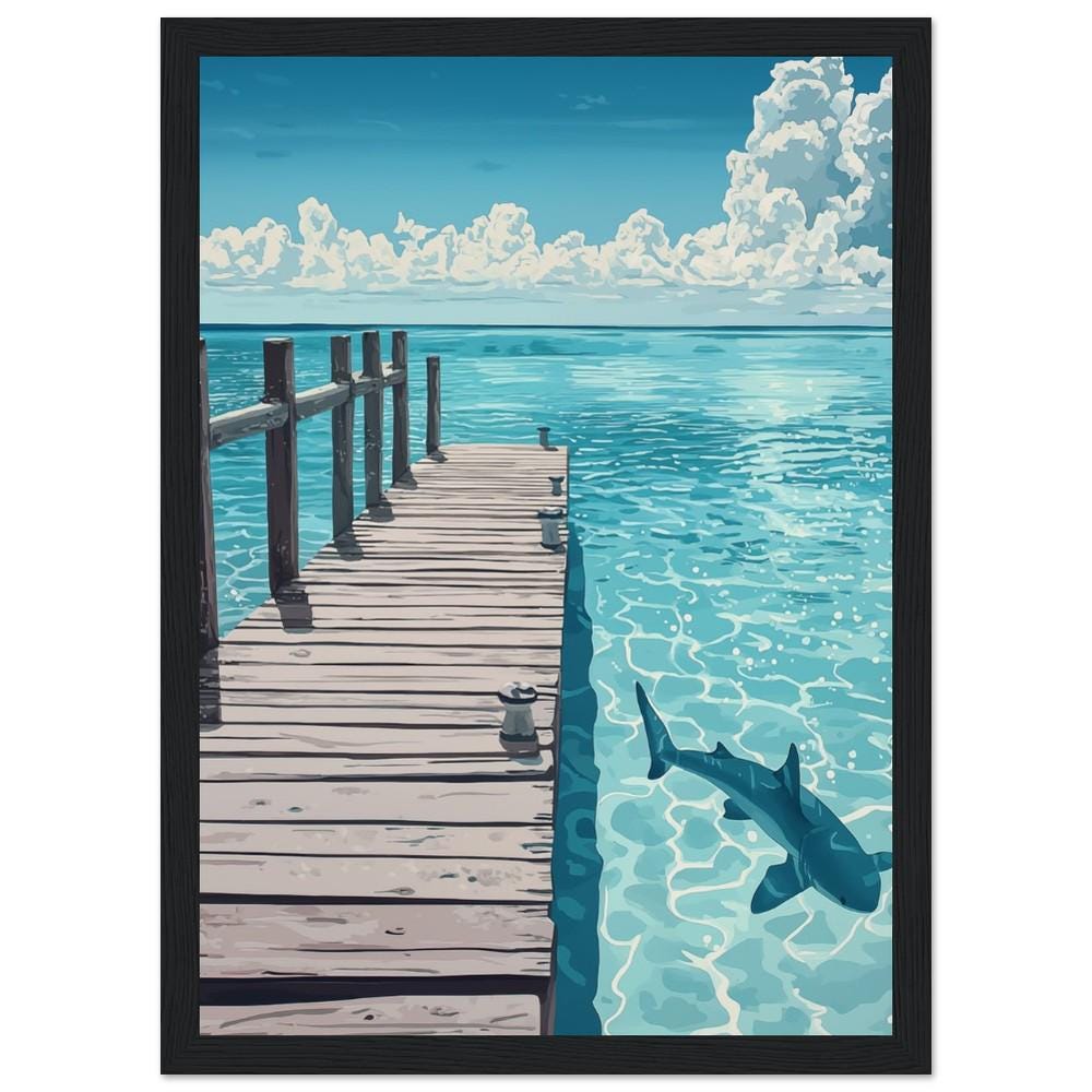 Dock Overlooking Open Ocean with Shark Print | Hiroshi Nagai Inspired | Minimalist Pastel Colors | Coastal Art Poster