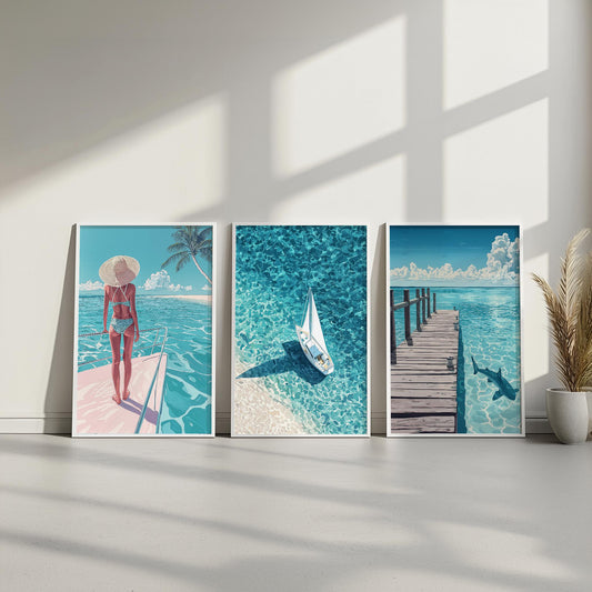 Set of 3 Retro Minimalist Beach Wall Art | Hiroshi Nagai Inspired | Coastal Decor | Semi-Gloss Finish | Pastel Colors