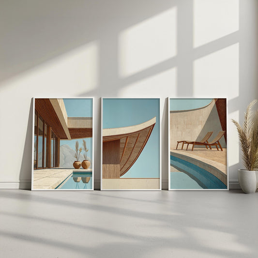 Balinese Architecture Art Print | Hiroshi Nagai Inspired | Beige and Brown | Boho Bali Style | Tropical Minimalism