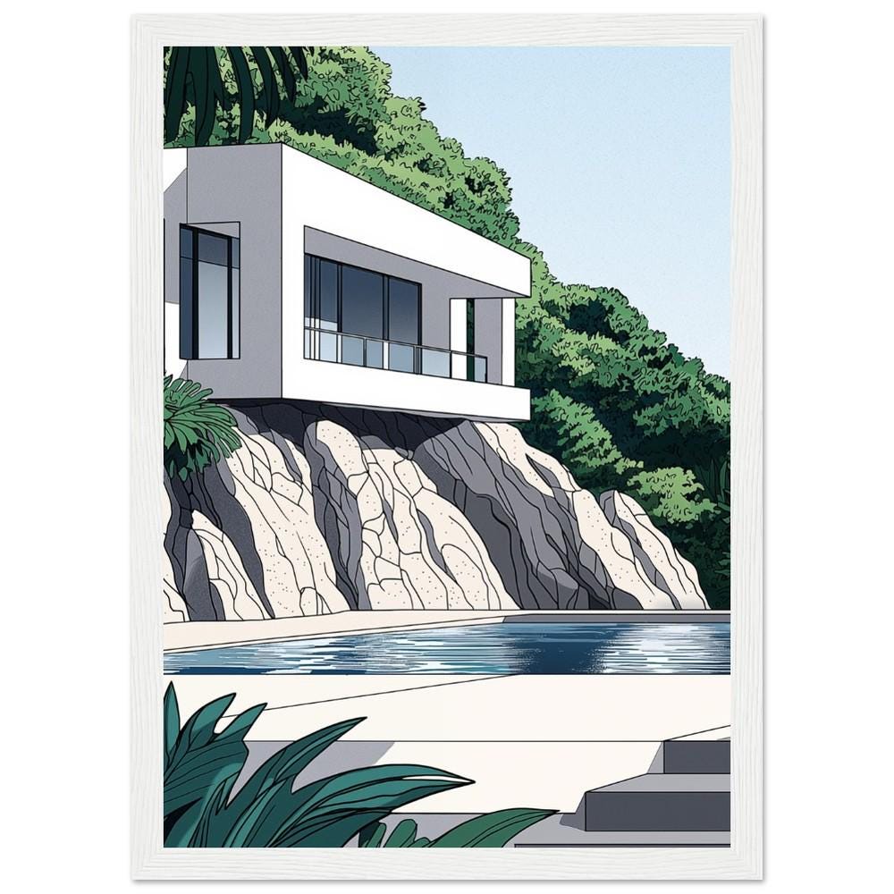 White Concrete Modern Architecture Print Style 1 | Tropical Getaway Poster | Hiroshi Nagai Inspired | Minimalist Design | Semi-Gloss Finish