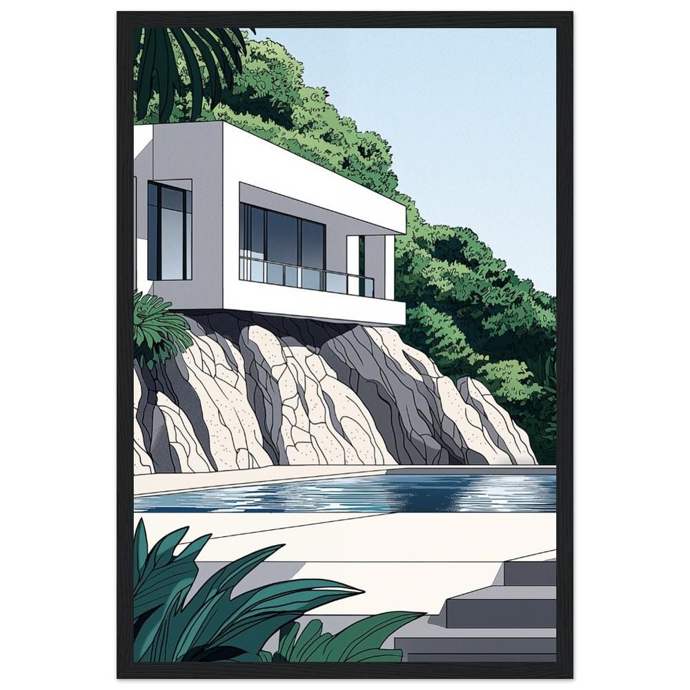 White Concrete Modern Architecture Print Style 1 | Tropical Getaway Poster | Hiroshi Nagai Inspired | Minimalist Design | Semi-Gloss Finish