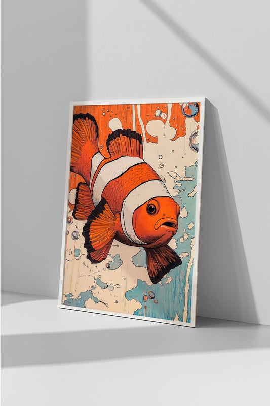 Clown Fish Cartoon Style Art | Minimalist Oceanic Design | Semi-Gloss Finish | Playful Marine Life Illustration | Modern Coastal Decor