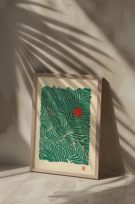 Boho Traditional Japanese Style Pattern | Green and Red Sun | Minimalist Art Print | Semi-Gloss Finish | Cultural and Geometric Design