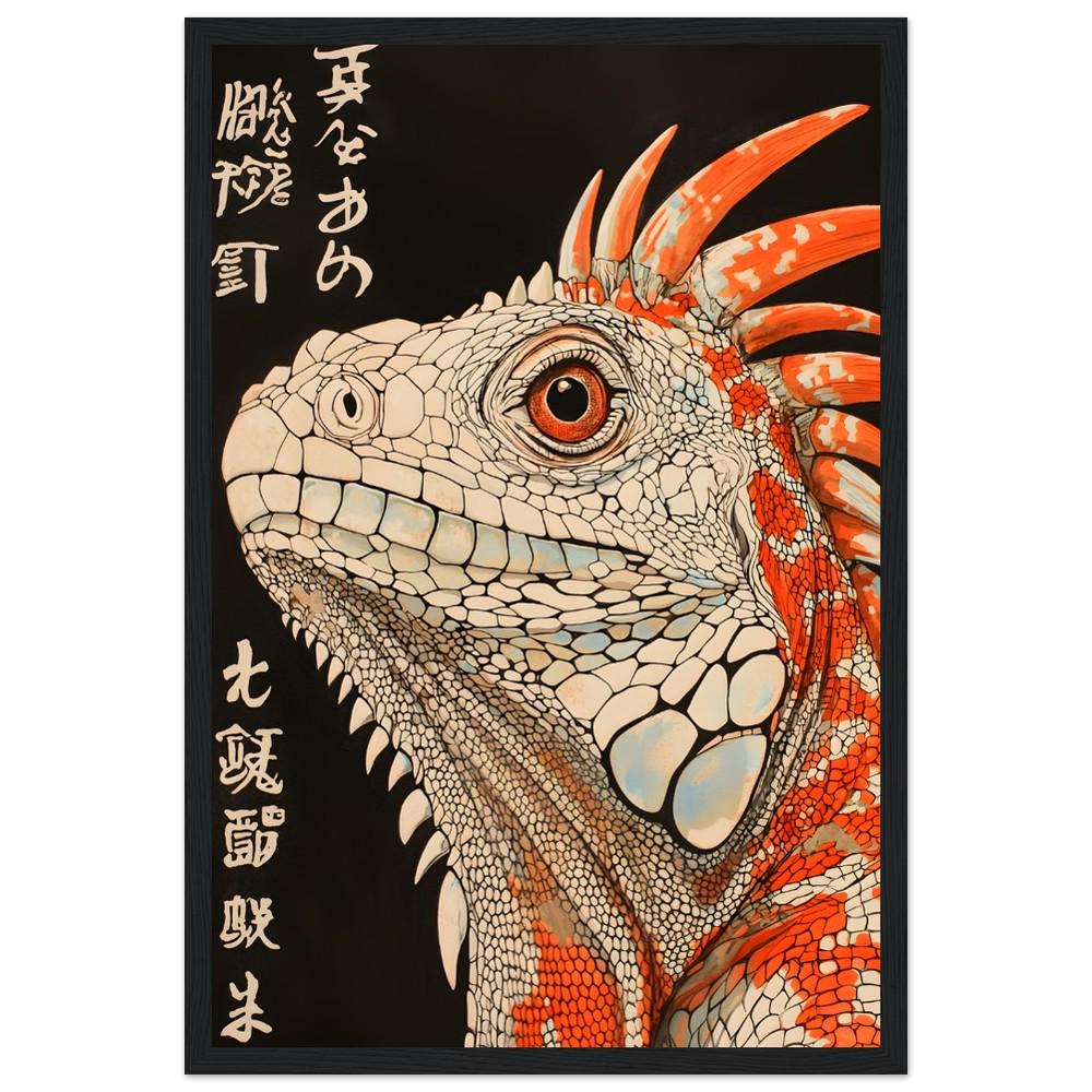 Iguana Japanese Style Print | Black, White, and Orange | Minimalist Reptile Art | Semi-Gloss Finish | Modern Cultural Decor