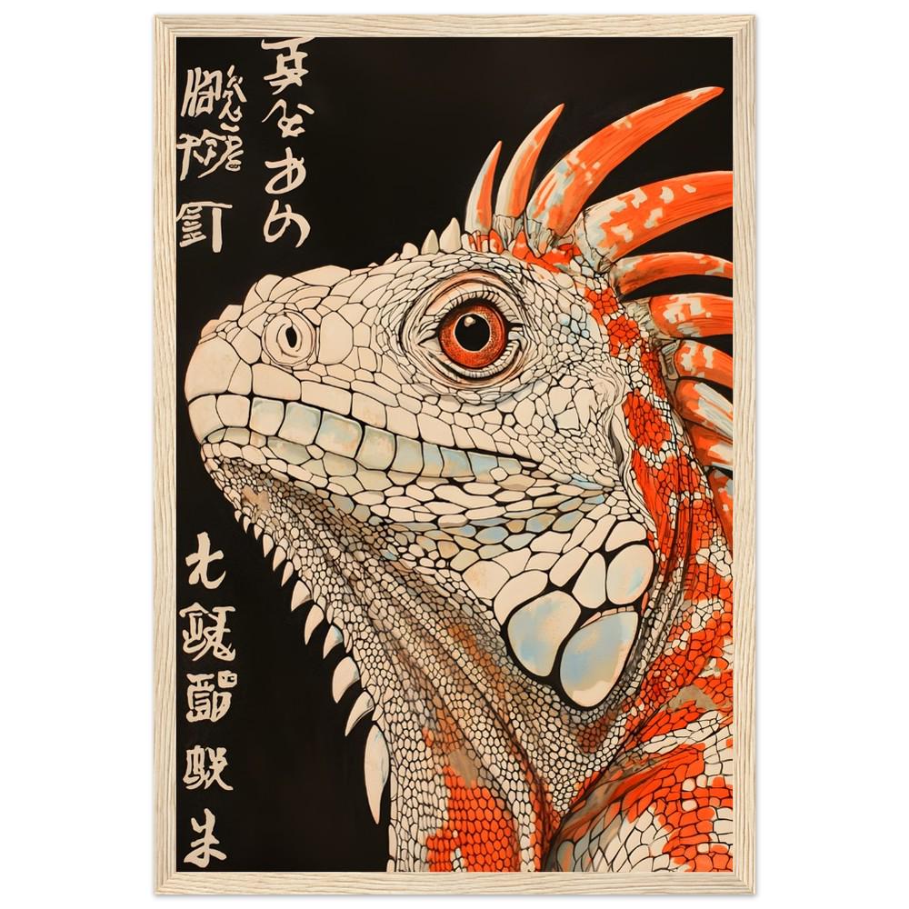 Iguana Japanese Style Print | Black, White, and Orange | Minimalist Reptile Art | Semi-Gloss Finish | Modern Cultural Decor