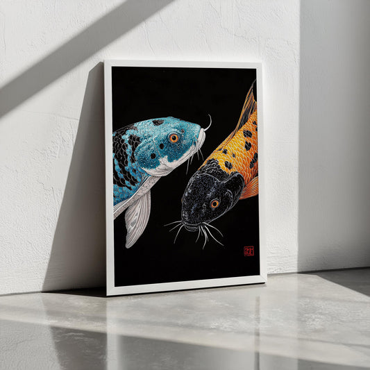 Koi Fish Black vs Blue Print | Ukiyo-e Inspired | Japanese Minimalist Art | Semi-Gloss Finish | Traditional and Modern Fusion