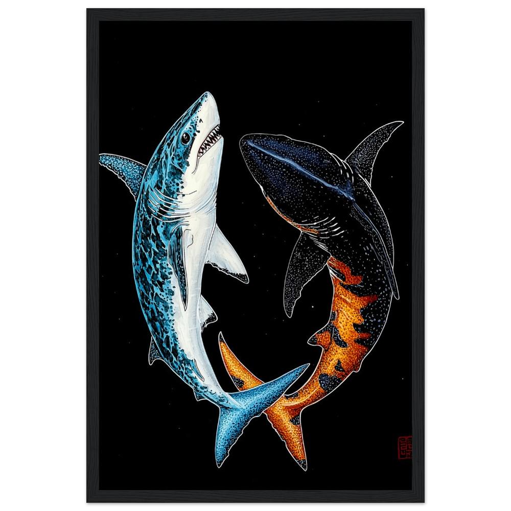 Sharks in Harmony Print | Black, White, Blue, and Orange | Japanese Inspired Art | Semi-Gloss Finish | Minimalist Oceanic Design