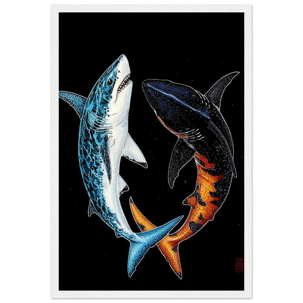 Sharks in Harmony Print | Black, White, Blue, and Orange | Japanese Inspired Art | Semi-Gloss Finish | Minimalist Oceanic Design