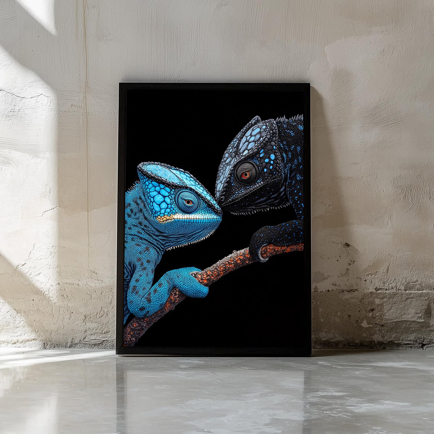 Chameleons Art Print | Blue and Black | Framed Decor | Modern Minimalist Design | Semi-Gloss Finish