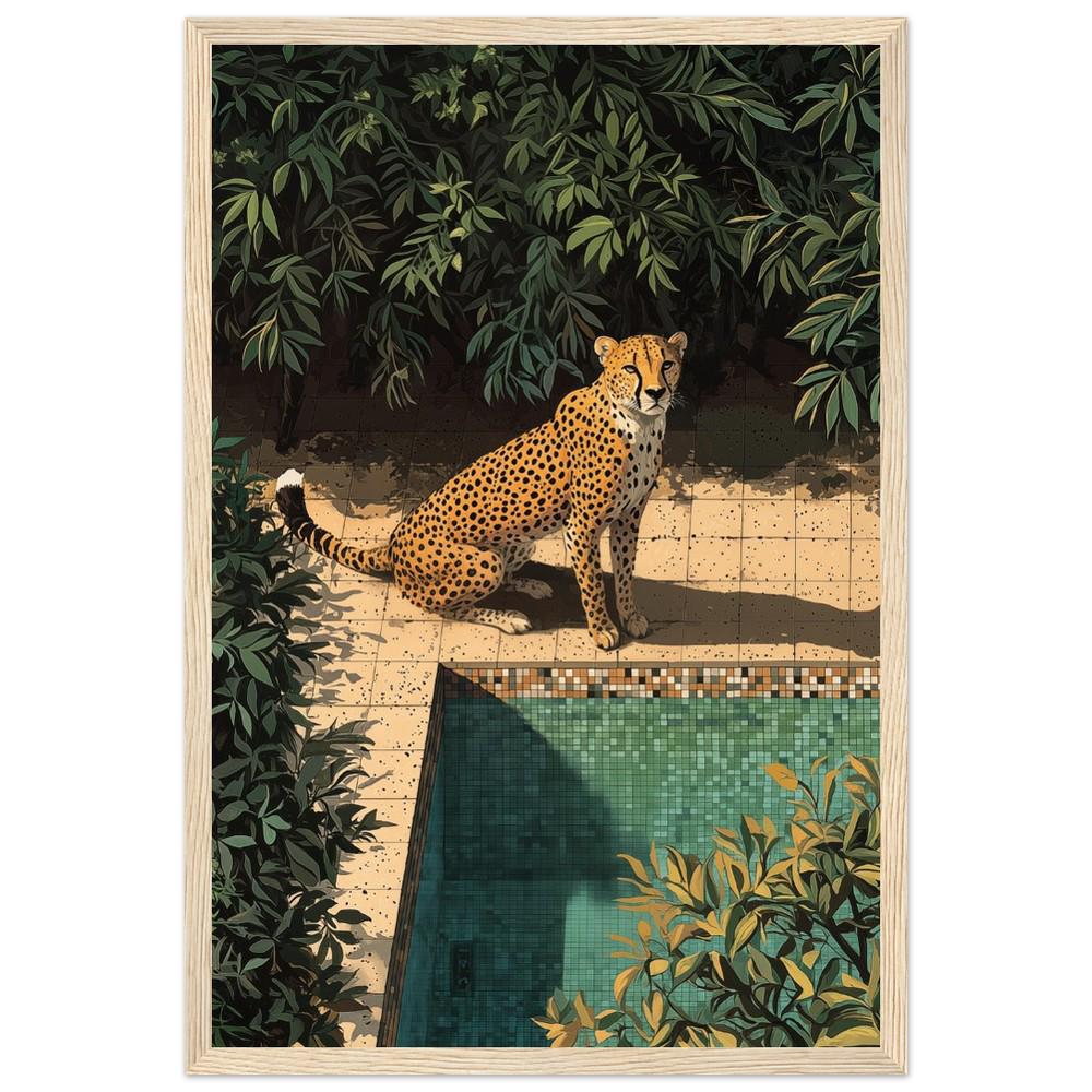 Cheetah by Poolside Art Print | Hiroshi Nagai Inspired | Beige and Green | Retro Minimalist Design | Semi-Gloss Finish