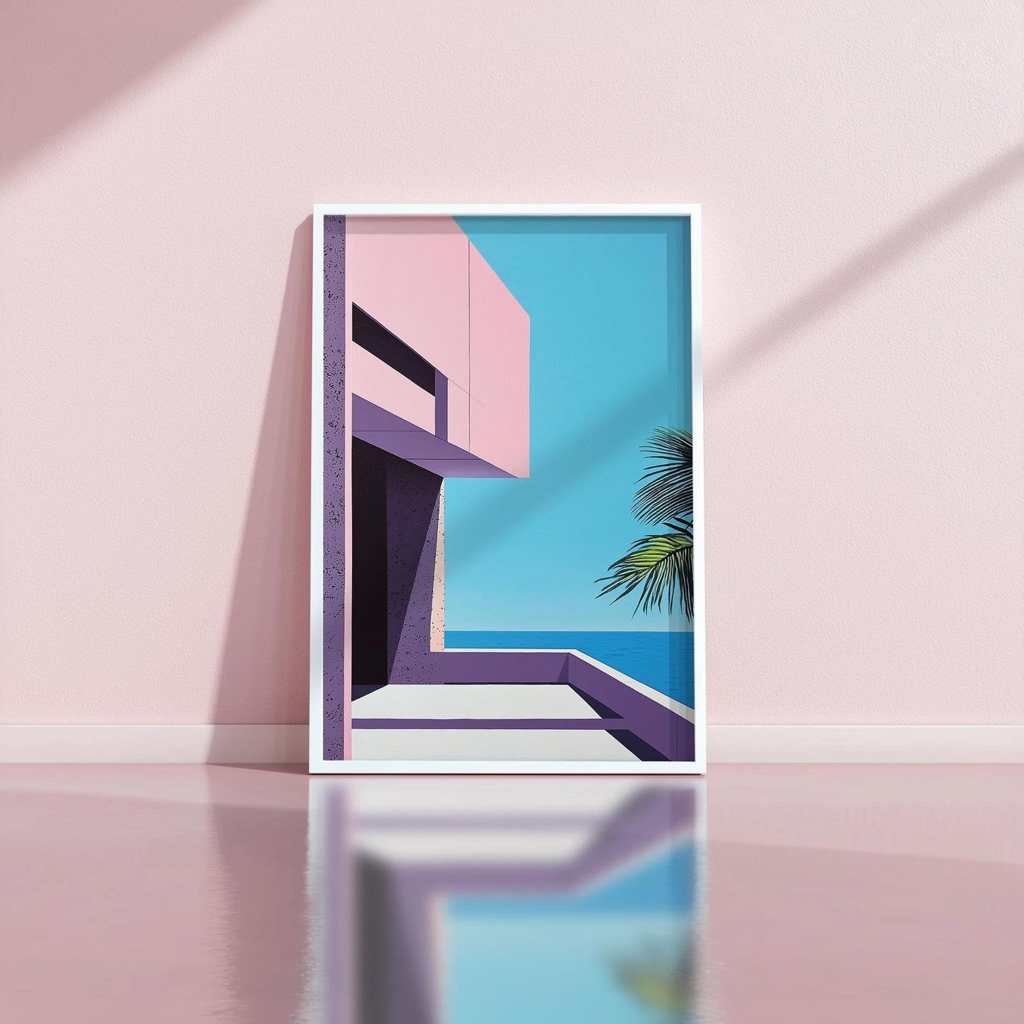 Brutalist Architecture Inspired Art Print | Hiroshi Nagai Style | Palm and Beach Scene | Retro Minimalism | Semi-Gloss Finish