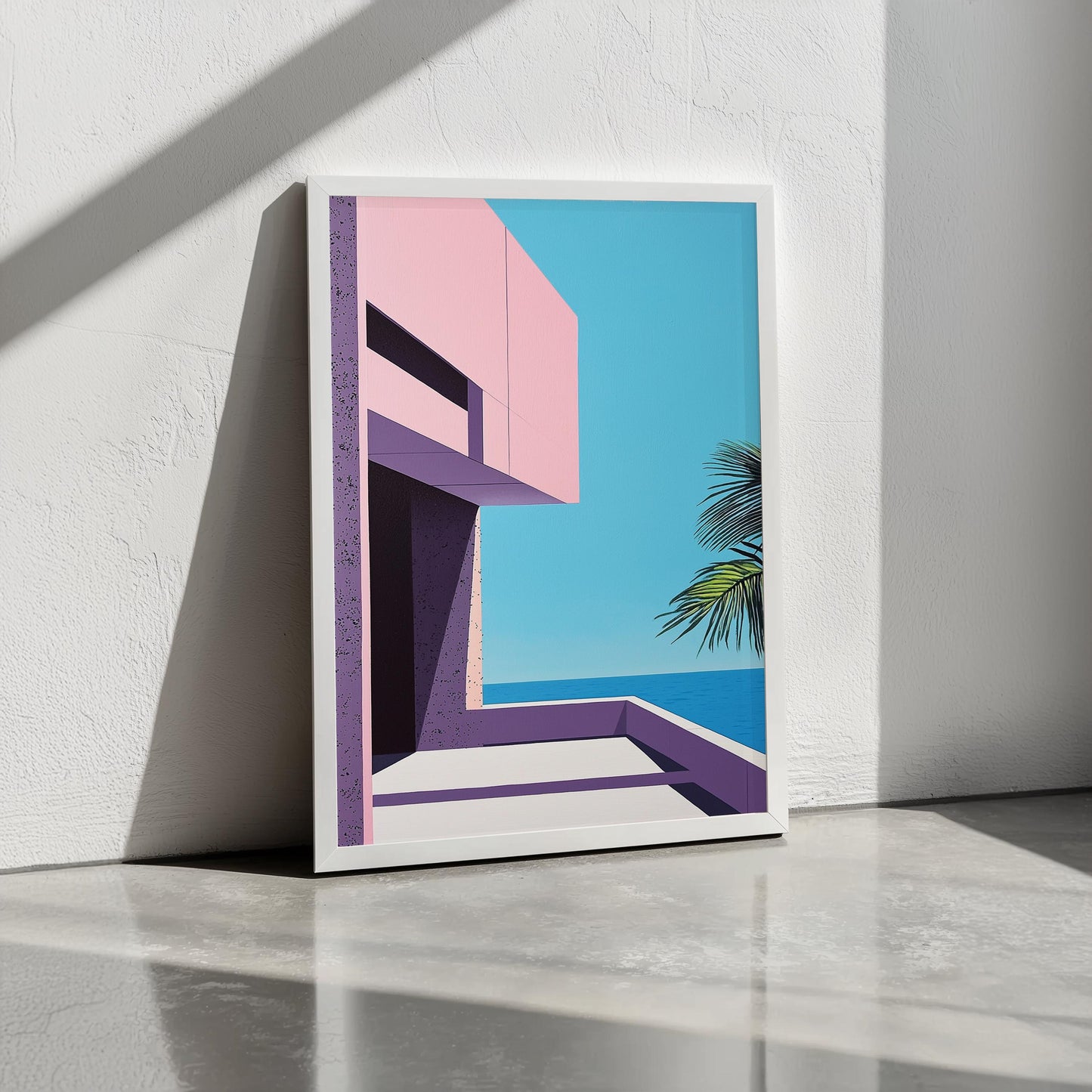 Brutalist Architecture Inspired Art Print | Hiroshi Nagai Style | Palm and Beach Scene | Retro Minimalism | Semi-Gloss Finish