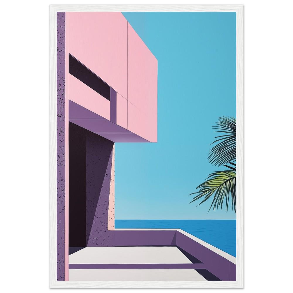 Brutalist Architecture Inspired Art Print | Hiroshi Nagai Style | Palm and Beach Scene | Retro Minimalism | Semi-Gloss Finish