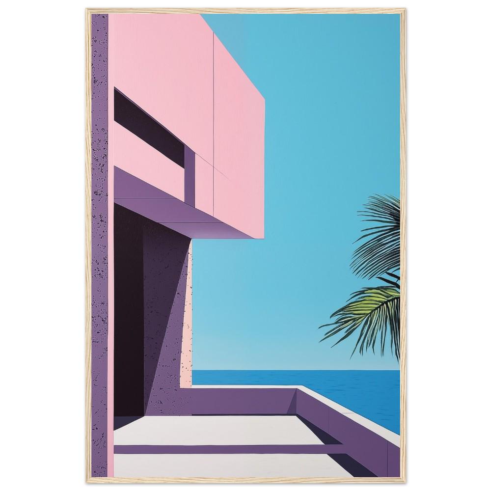 Brutalist Architecture Inspired Art Print | Hiroshi Nagai Style | Palm and Beach Scene | Retro Minimalism | Semi-Gloss Finish