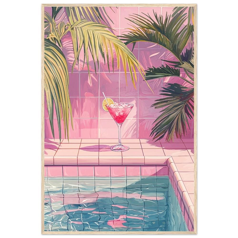 Margarita by the Poolside Art Print | Pink Tiles & Tropical Fauna | Hiroshi Nagai Inspired | Retro Minimalist Design | Semi-Gloss Finish