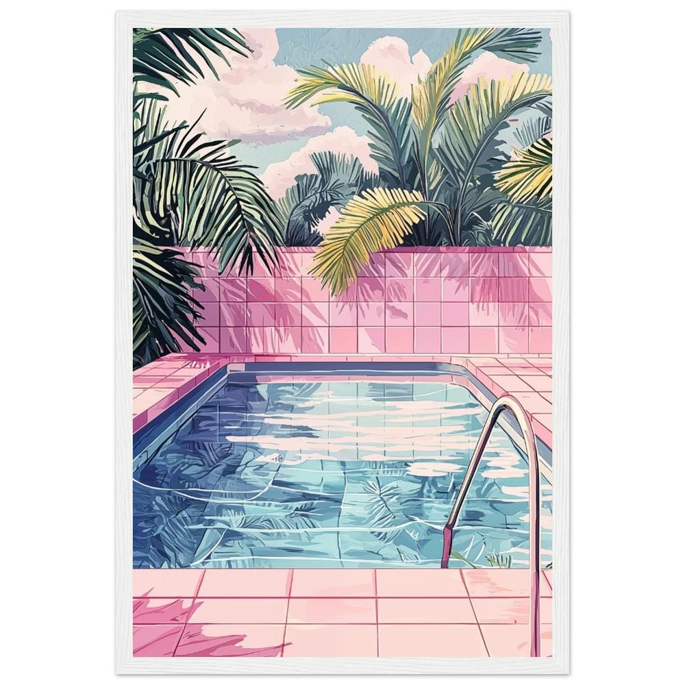 Pink Tile Pool Art Print | Hiroshi Nagai Inspired | Relaxing Scene | Retro Minimalism | Semi-Gloss Finish