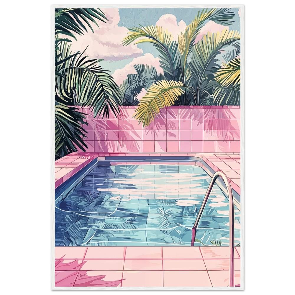 Pink Tile Pool Art Print | Hiroshi Nagai Inspired | Relaxing Scene | Retro Minimalism | Semi-Gloss Finish