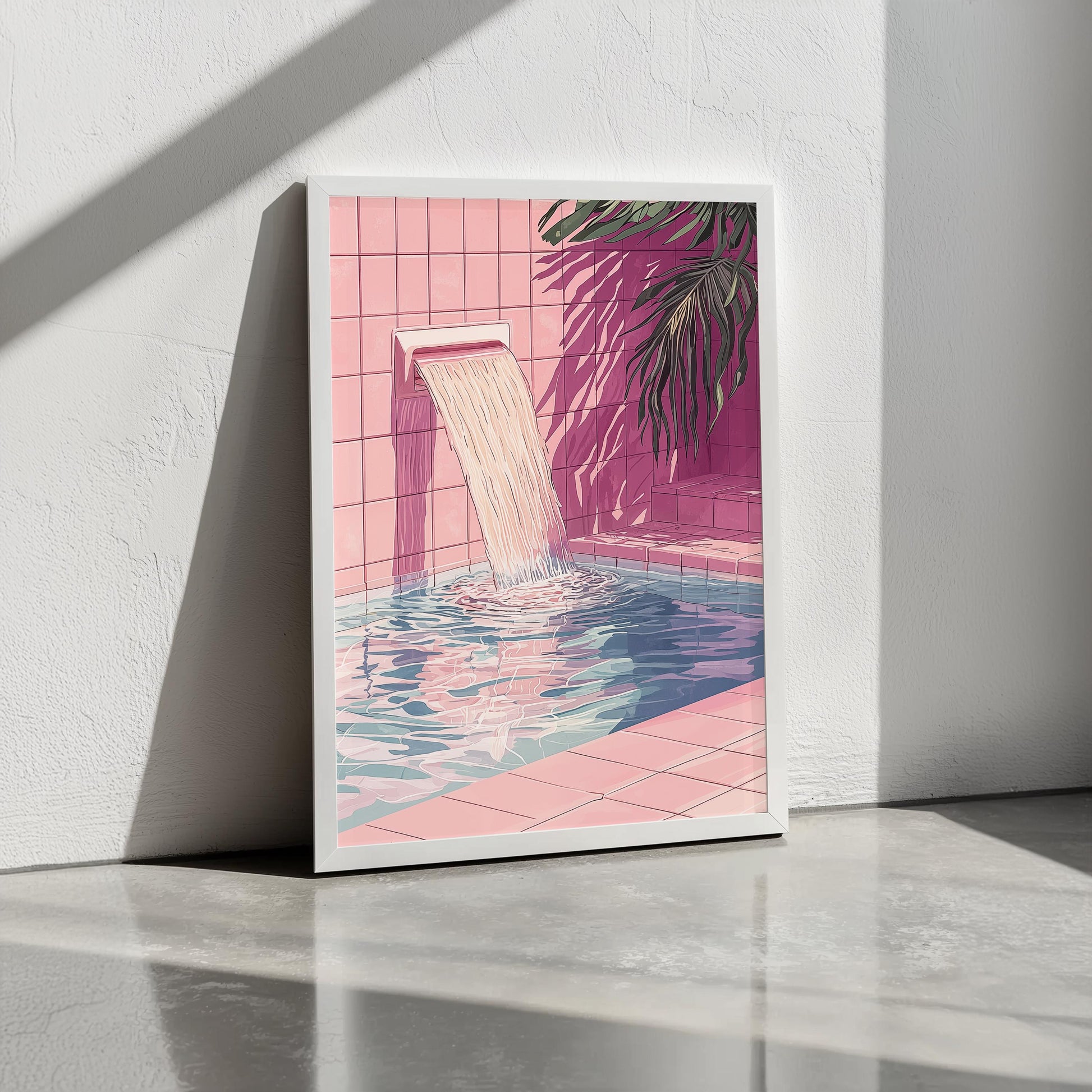 Pink Tile Pool Waterfall Art Print | Retro 80's Style | Hiroshi Nagai Inspired | Minimalist Oasis | Semi-Gloss Finish