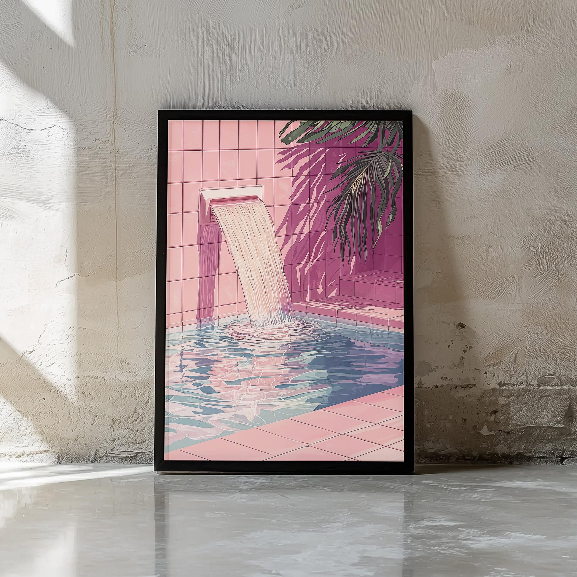 Pink Tile Pool Waterfall Art Print | Retro 80's Style | Hiroshi Nagai Inspired | Minimalist Oasis | Semi-Gloss Finish