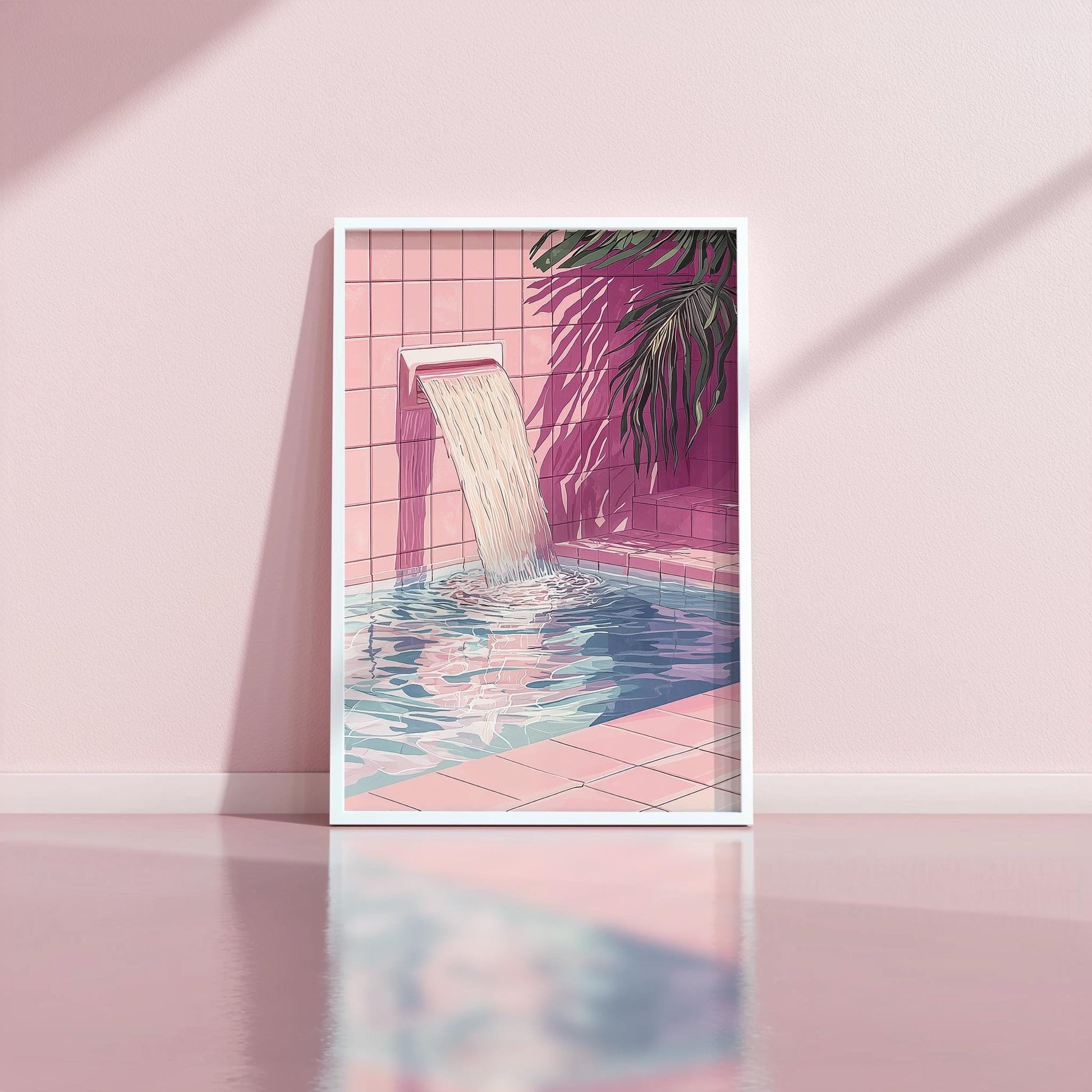 Pink Tile Pool Waterfall Art Print | Retro 80's Style | Hiroshi Nagai Inspired | Minimalist Oasis | Semi-Gloss Finish