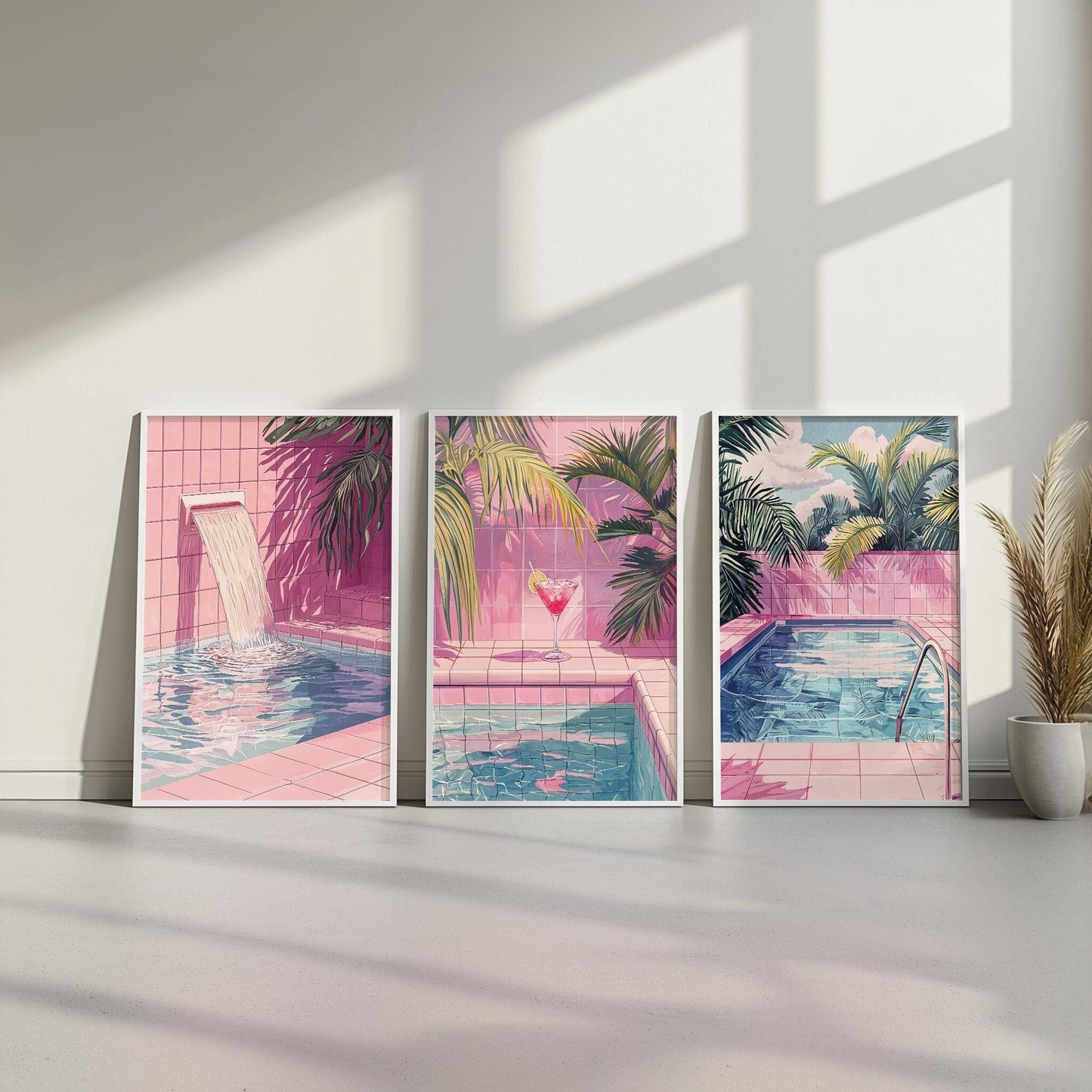 Set of 3 Pink Tile Retro Pool Aesthetic Prints | Hiroshi Nagai Inspired | Minimalist 80's Style | Semi-Gloss Finish | Modern Wall Decor