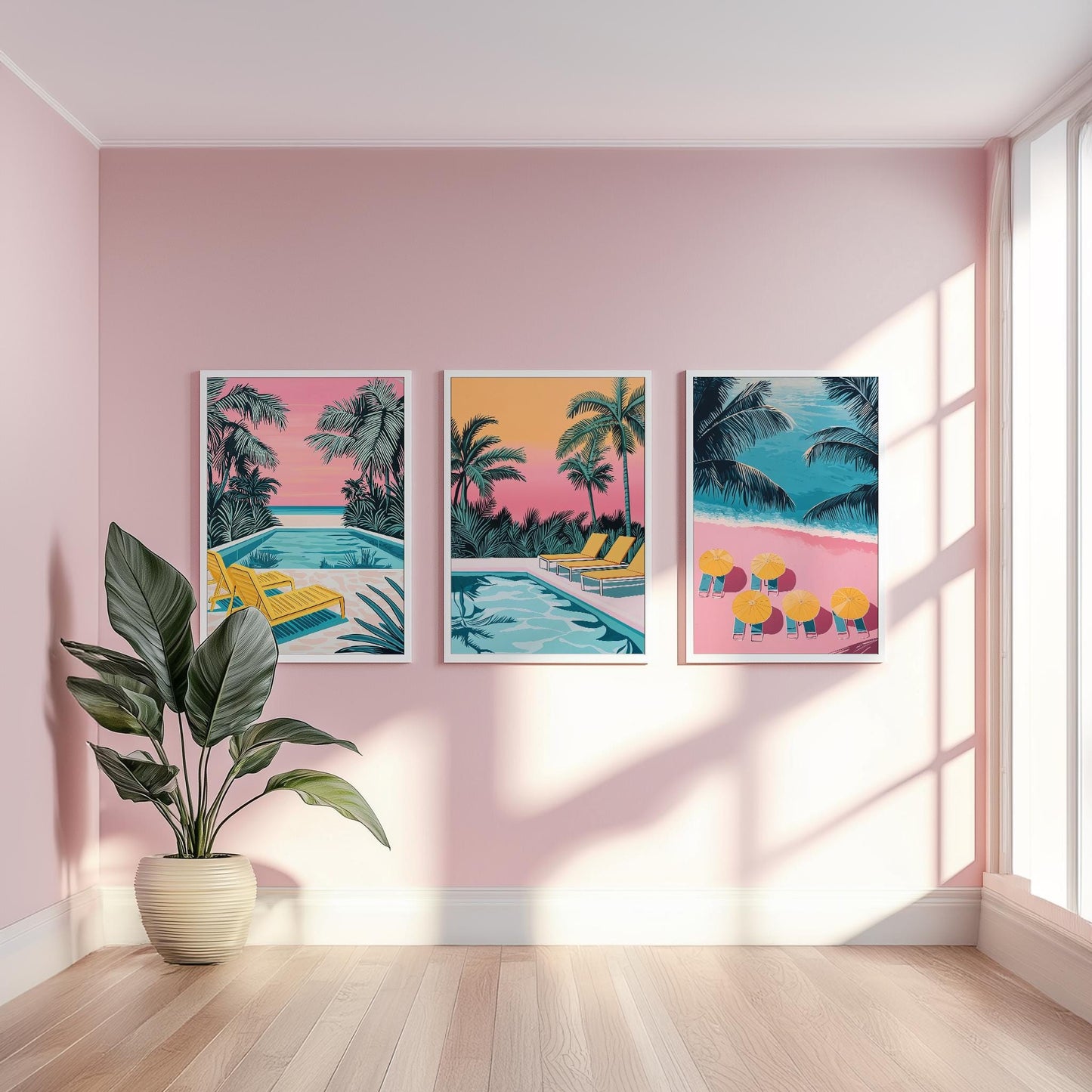 Hiroshi Nagai Inspired Set of 3 Tropical Pool Oasis Prints | Pastel Colors | Pink, Yellow, and Blue | Retro Minimalist Art | Semi-Gloss