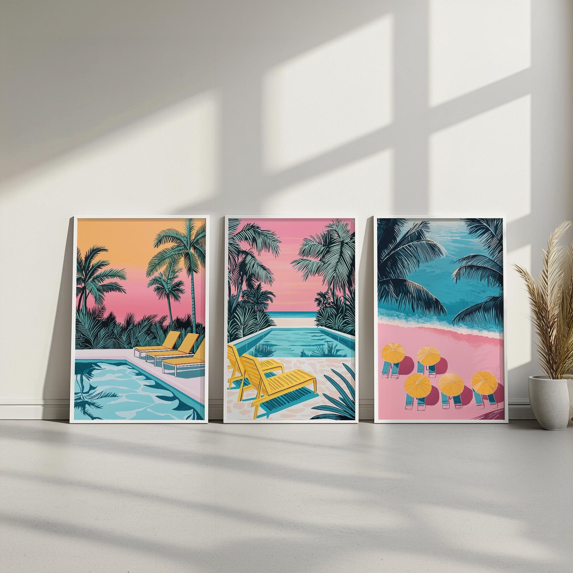 Hiroshi Nagai Inspired Set of 3 Tropical Pool Oasis Prints | Pastel Colors | Pink, Yellow, and Blue | Retro Minimalist Art | Semi-Gloss