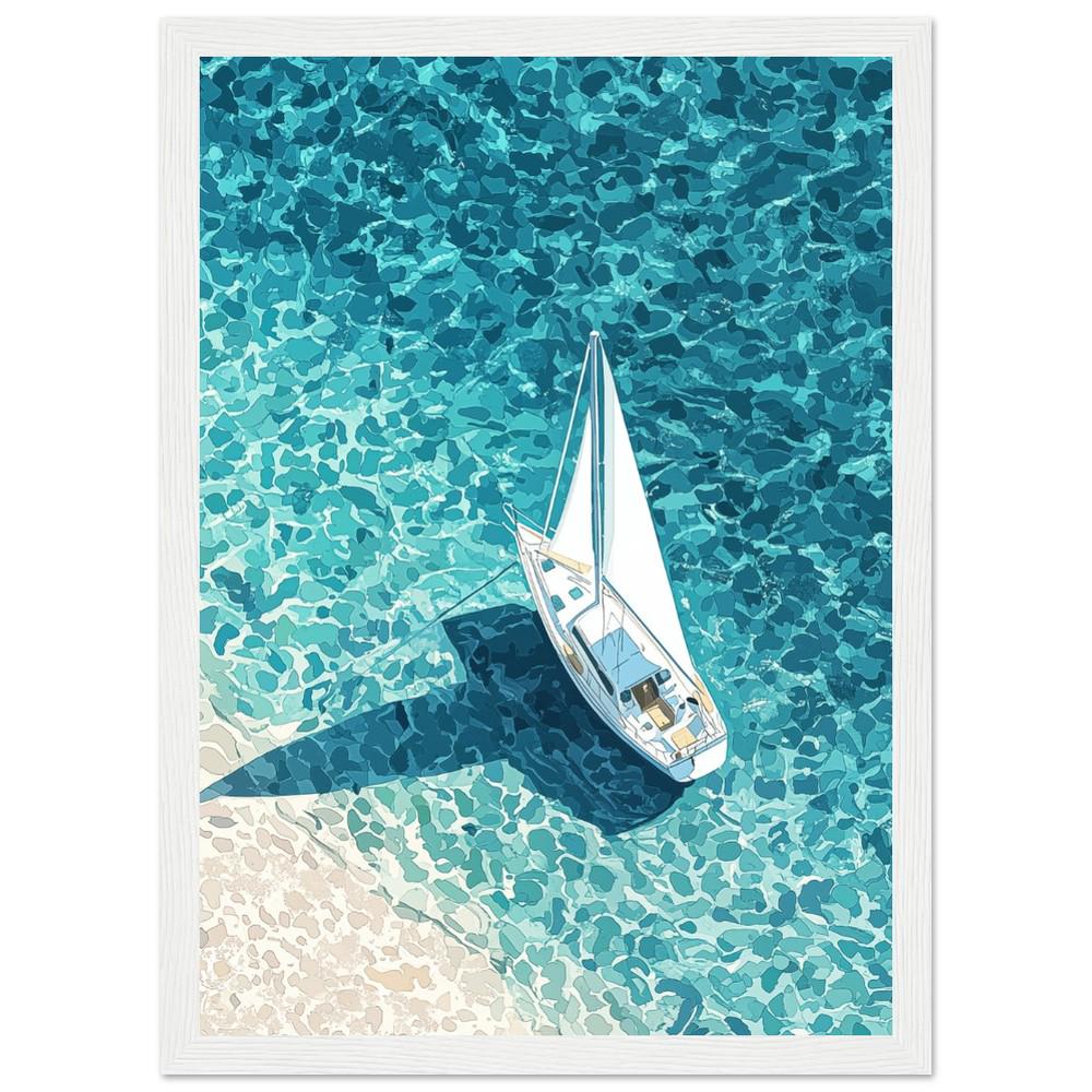 Sailboat Aerial View Print | Crystal Clear Water | Travel Art | Hiroshi Nagai Inspired | Minimalist Coastal Poster