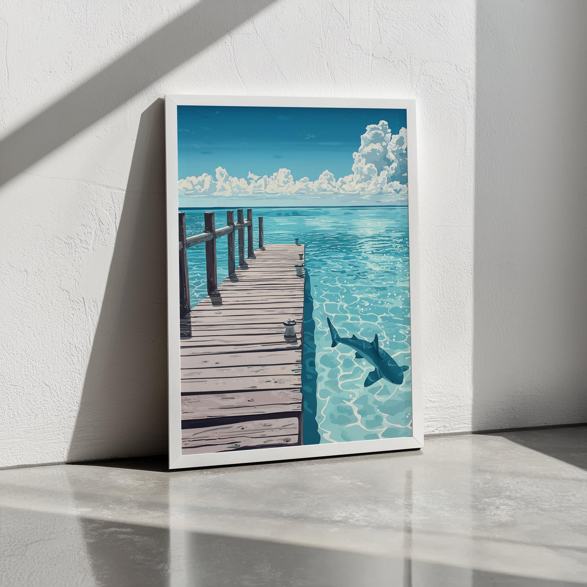 Dock Overlooking Open Ocean with Shark Print | Hiroshi Nagai Inspired | Minimalist Pastel Colors | Coastal Art Poster