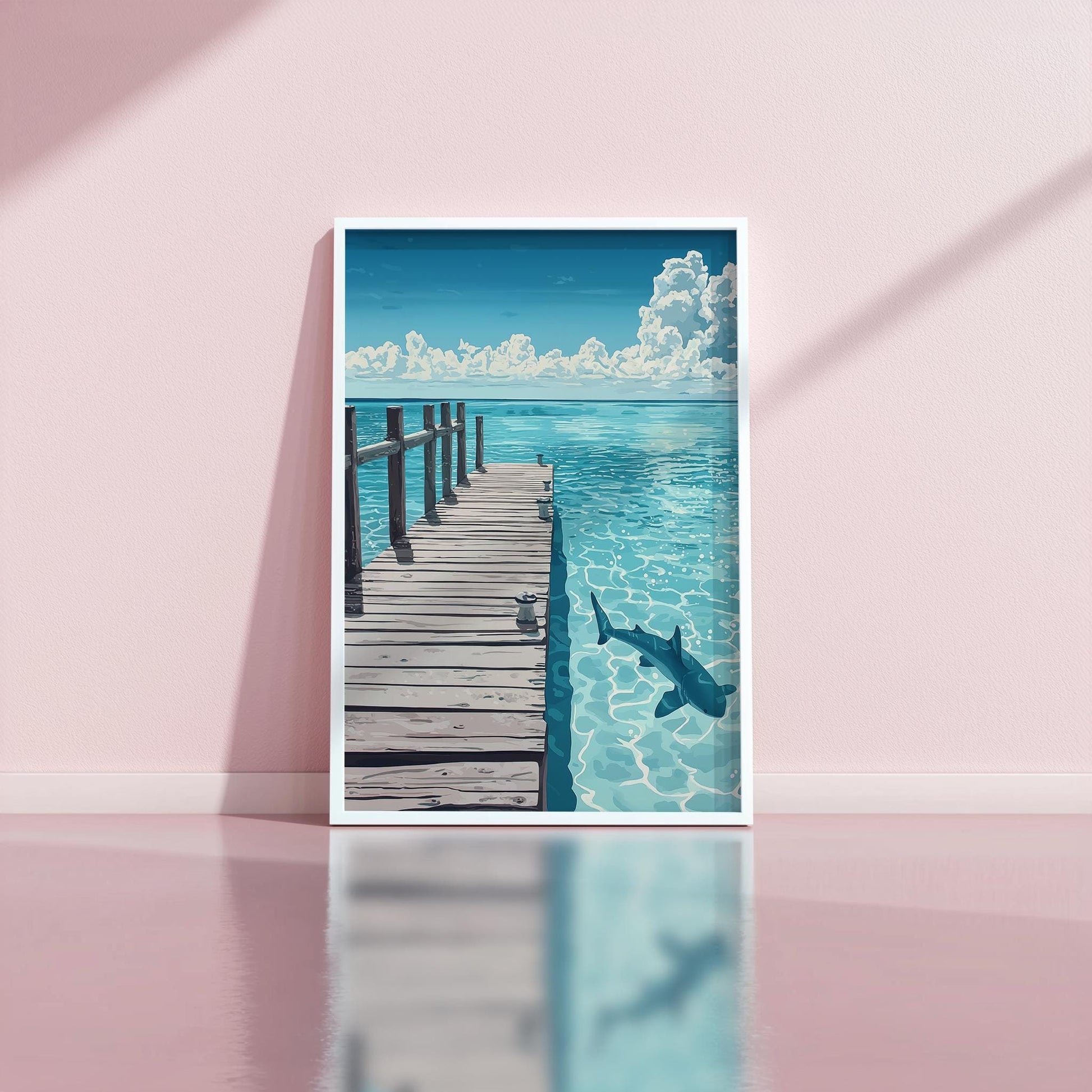 Dock Overlooking Open Ocean with Shark Print | Hiroshi Nagai Inspired | Minimalist Pastel Colors | Coastal Art Poster