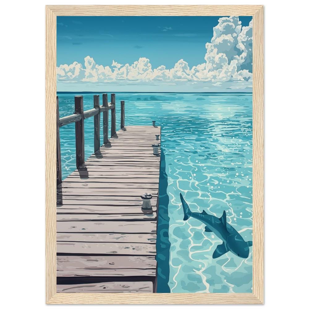 Dock Overlooking Open Ocean with Shark Print | Hiroshi Nagai Inspired | Minimalist Pastel Colors | Coastal Art Poster