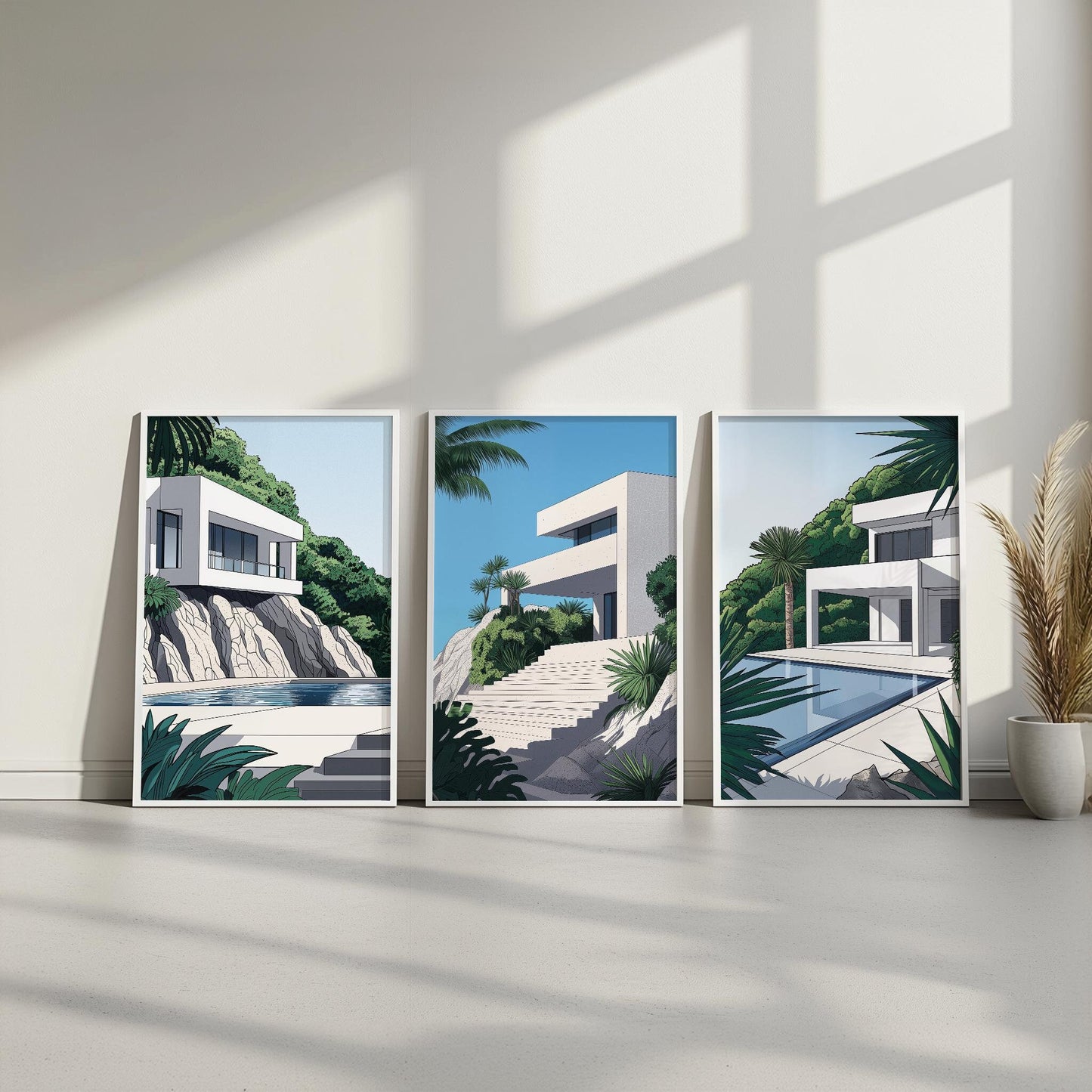 White Concrete Modern Architecture Set of 3| Tropical Getaway Poster | Hiroshi Nagai Inspired | Minimalist Design | Semi-Gloss Finish