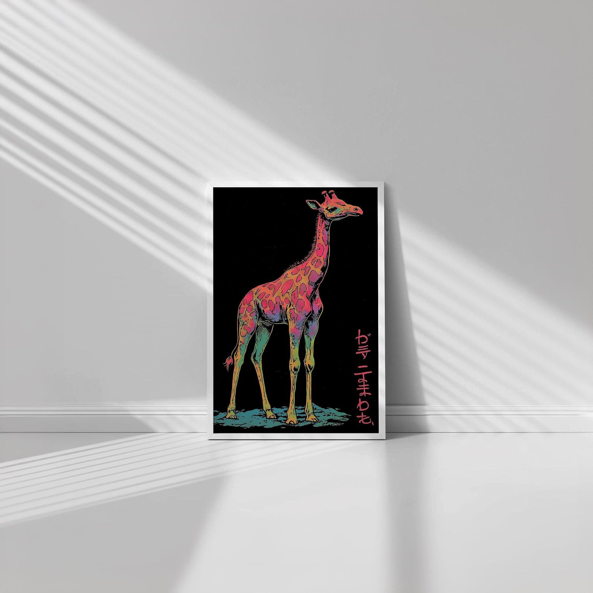 Traditional Japanese Inspired Giraffe Poster | Colorful Design | Japanese Text | Unique Animal Art | Matte Finish