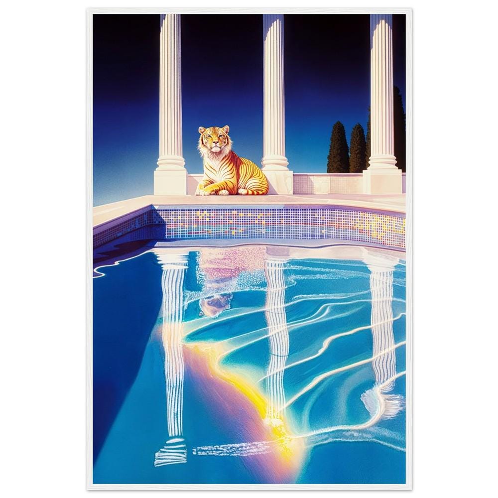 Ethereal Tiger by Poolside Wall Art - Hiroshi Nagai Inspired Dreamy Greek Style Art - Retro Surreal Landscape Print