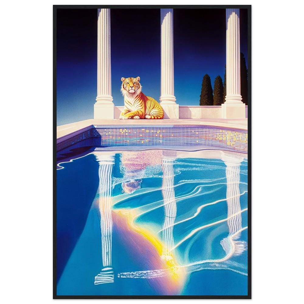 Ethereal Tiger by Poolside Wall Art - Hiroshi Nagai Inspired Dreamy Greek Style Art - Retro Surreal Landscape Print