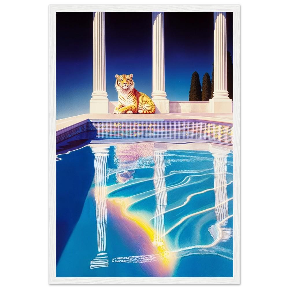 Ethereal Tiger by Poolside Wall Art - Hiroshi Nagai Inspired Dreamy Greek Style Art - Retro Surreal Landscape Print