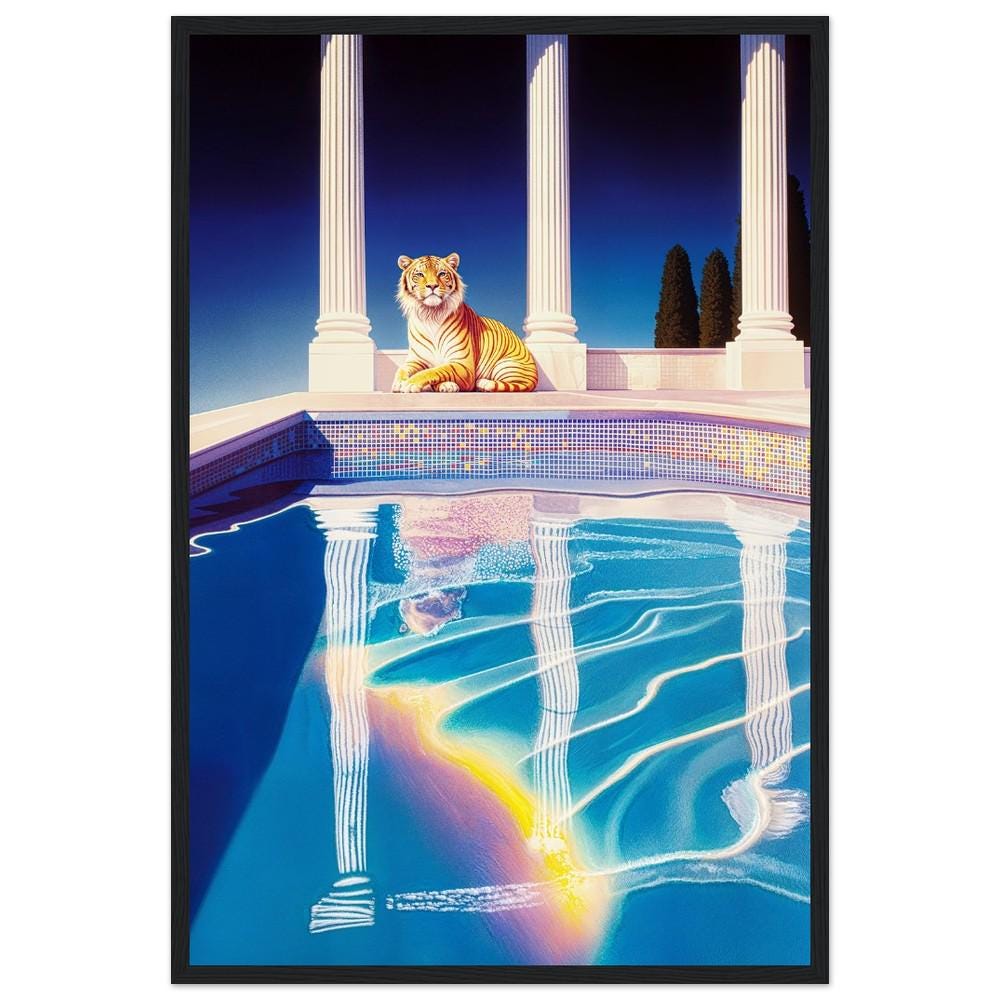 Ethereal Tiger by Poolside Wall Art - Hiroshi Nagai Inspired Dreamy Greek Style Art - Retro Surreal Landscape Print