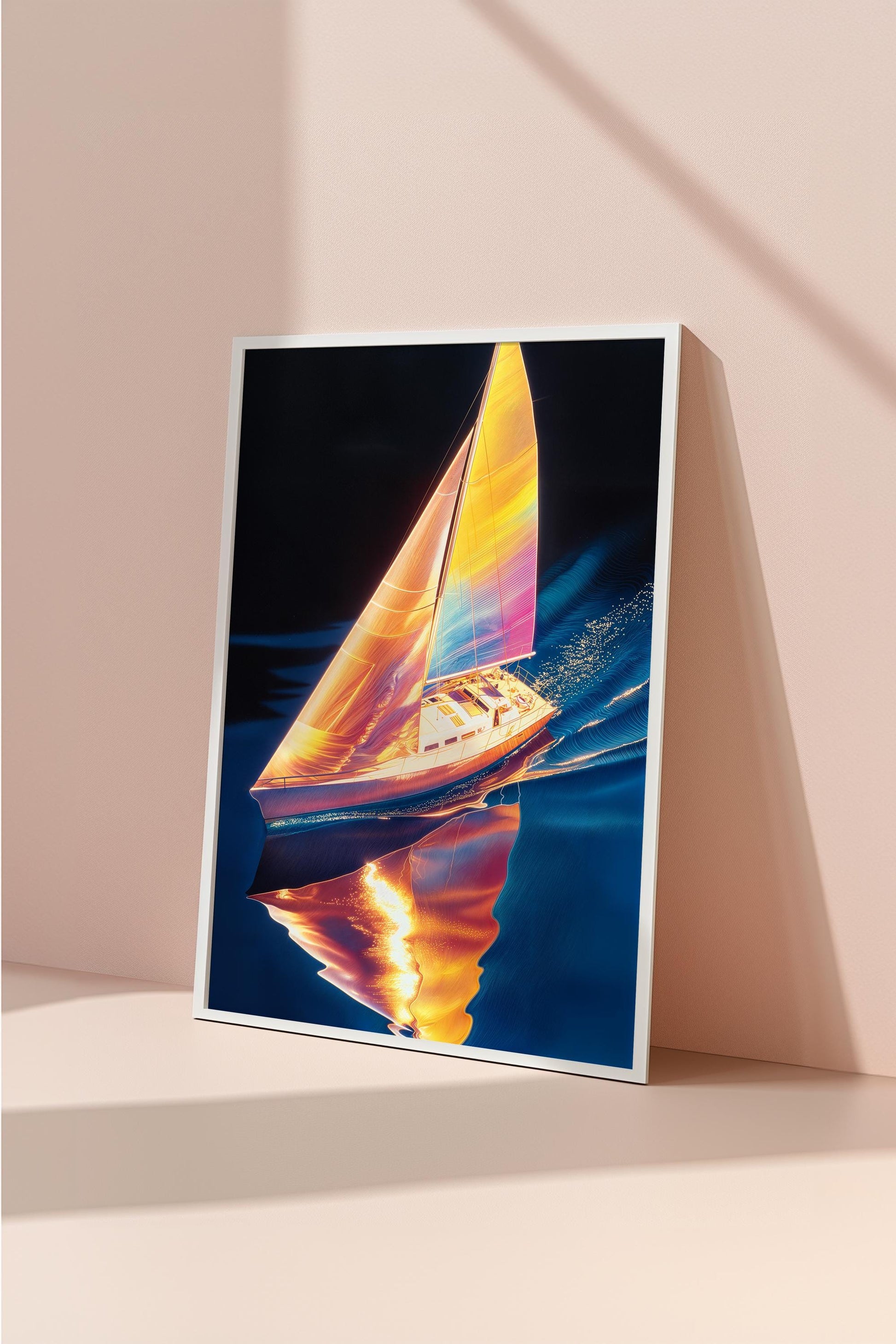 Ethereal Sailboat Wall Art - Hiroshi Nagai Inspired Retro Dreamy Landscape Print - Serene Nautical Decor for Coastal Lovers