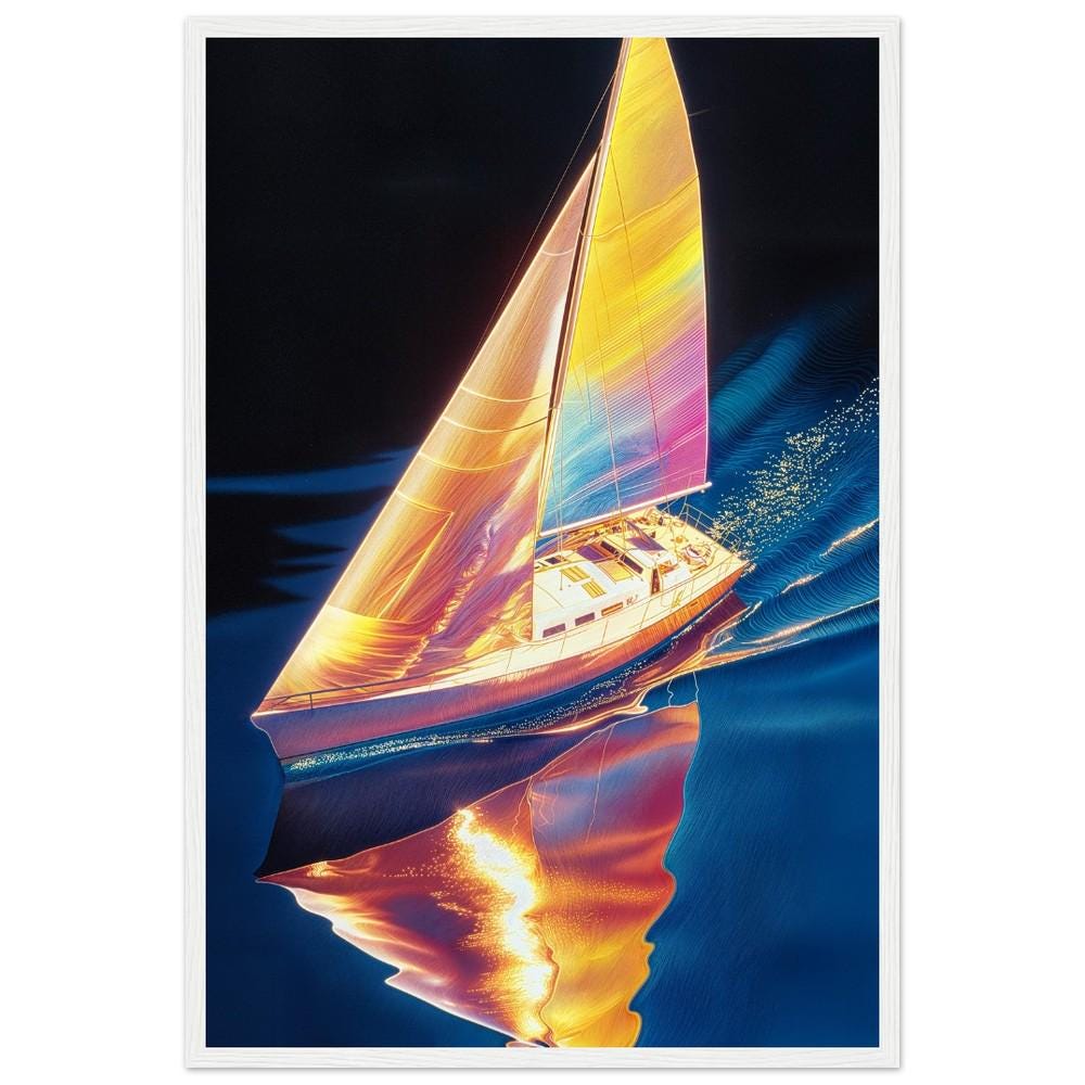 Ethereal Sailboat Wall Art - Hiroshi Nagai Inspired Retro Dreamy Landscape Print - Serene Nautical Decor for Coastal Lovers