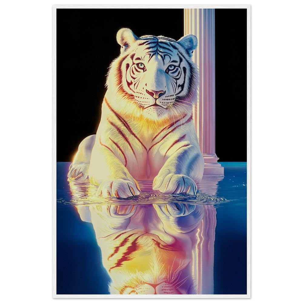 White Tiger in Ethereal Space - Hiroshi Nagai Inspired Greek Ruins Art - Dreamy Water Reflections Wall Print