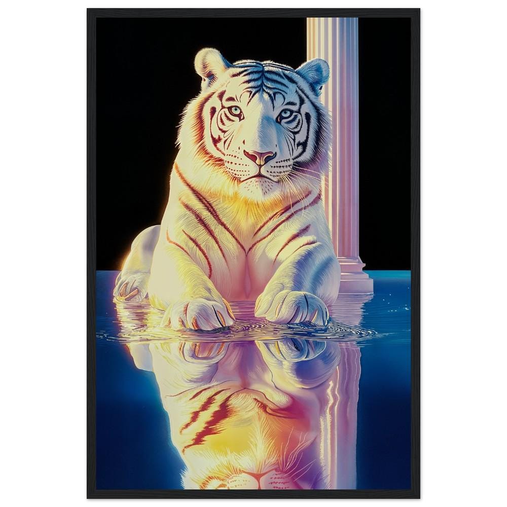 White Tiger in Ethereal Space - Hiroshi Nagai Inspired Greek Ruins Art - Dreamy Water Reflections Wall Print