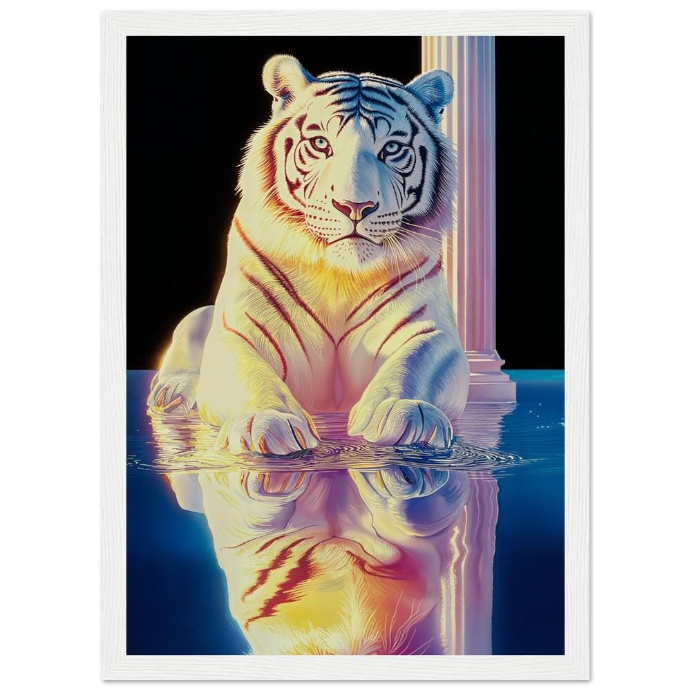 White Tiger in Ethereal Space - Hiroshi Nagai Inspired Greek Ruins Art - Dreamy Water Reflections Wall Print